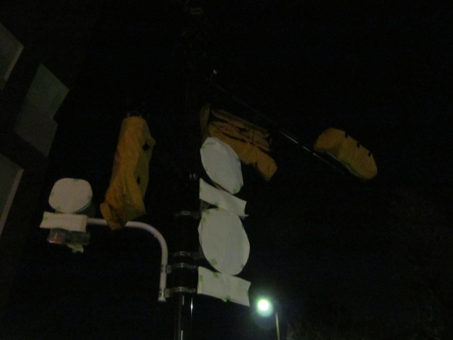 補助154号線カバーがかけられた信号機や標識たち